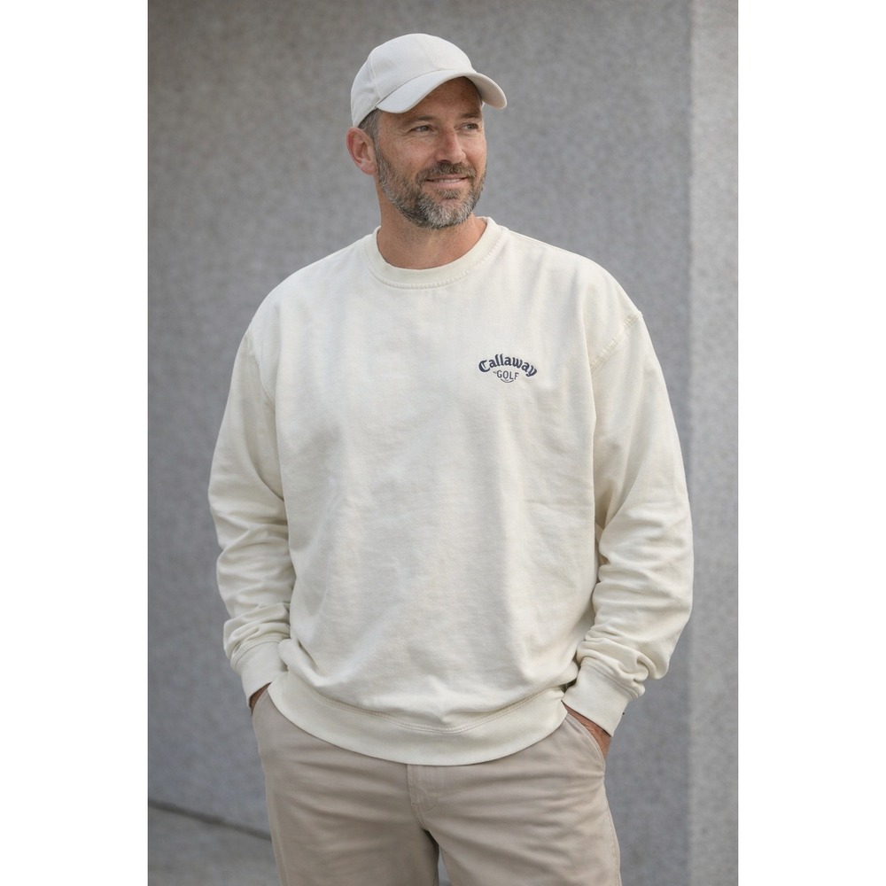 Callaway Golf Sport Mens XXL Cream Brushed Fleece Crewneck Sweatshirt Distressed
